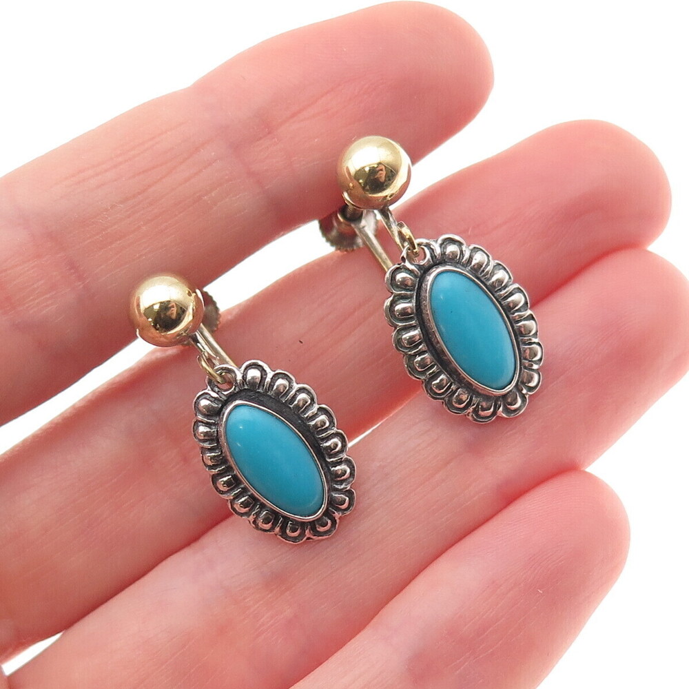 Old Pawn 925 Sterling 2-Tone Vintage Bisbee Turquoise Screw Back Dangle Earrings
